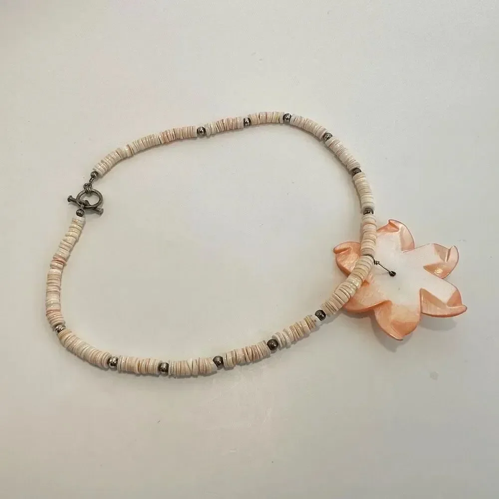 Sterling silver pink abalone flower beaded necklace
